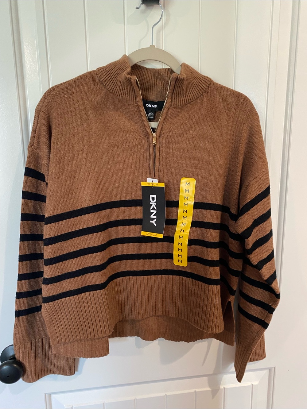 DKNY Brown and Black Striped Half-Zip Cowl Sweater